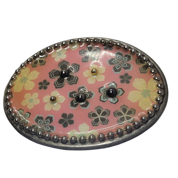 Pink Floral Enamel Belt Buckle 3.5" Oval • Beaded Edge • Silver-Tone - Picture 5 of 9